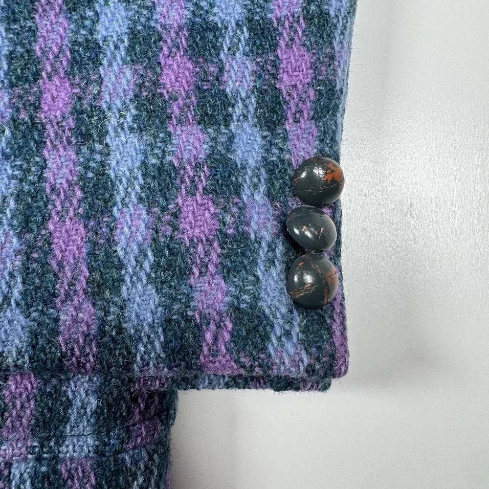 Vintage 80s ALEXANDRE Harris Tweed Wool Blazer Plaid Blue Purple - Fitted Large